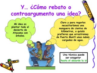 Claro y para regarlos necesitaríamos una manguera de cientos de kilómetros, o quizás prefieres que arrastremos de Puerto Montt unas nubes cargadas de agua. Mi idea es plantar todo el desierto de Atacama con árboles . Y… ¿Cómo rebato o contraargumento una idea? Una técnica puede ser exagerar  hasta el absurdo la idea del otro. 
