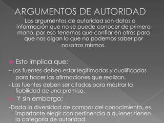 ARGUMENTOS DE AUTORIDAD
Los argumentos de autoridad son datos o
información que no se puede conocer de primera
mano, por eso tenemos que confiar en otros para
que nos digan lo que no podemos saber por
nosotros mismos.


Esto implica que:

--Las fuentes deben estar legitimadas y cualificadas
para hacer las afirmaciones que realizan.
- Las fuentes deben ser citadas para mostrar la
fiabilidad de una premisa.


Y sin embargo:

-Dada la diversidad de campos del conocimiento, es
importante elegir con pertinencia a quienes tienen
la categoría de autoridad.

 