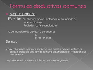 

Modus ponens

Fórmula:

Sí [ el enunciado p ] entonces [el enunciado q].
[el enunciado p].
Por, lo tanto, [el enunciado q].

O de manera más breve. Si p entonces q
p.
por lo tanto, q.

Ejemplo:
Si hay millones de planetas habitables en nuestra galaxia, entonces
parece probable que la vida se haya desarrollado en más planetas
que en éste.

Hay millones de planetas habitables en nuestra galaxia.

 