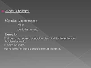 

Modus tollens.
Fómula: Sí p entonces q
No-q
por lo tanto no-p

Ejemplo:
Si el perro no hubiera conocido bien al visitante, entonces
hubiera ladrado.
El perro no ladró.
Por lo tanto, el perro conocía bien al visitante.

 