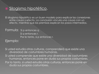 

Silogismo hipotético.

El silogismo hipotético es un buen modelo para explicar las conexiones
entre causa y efecto. La conclusión vincula una causa con un
efecto, mientras que las premisas explican los pasos intermedios.

Formula:

Si p entonces q.
Si q entonces r.
Por lo tanto, si p entonces r.

Ejemplo:
Si usted estudia otras culturas, comprenderá que existe una
diversidad de costumbres humanas.
Si usted comprende que existe una diversidad de costumbres
humanas, entonces pone en duda sus propias costumbres.
Por lo tanto, si usted estudia otras culturas, entonces pone en
duda sus propias costumbres.

 