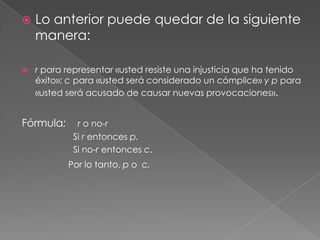 



Lo anterior puede quedar de la siguiente
manera:
r para representar «usted resiste una injusticia que ha tenido
éxito»; c para «usted será considerado un cómplice» y p para
«usted será acusado de causar nuevas provocaciones».

Fórmula:

r o no-r
Si r entonces p.
Si no-r entonces c.
Por lo tanto, p o c.

 