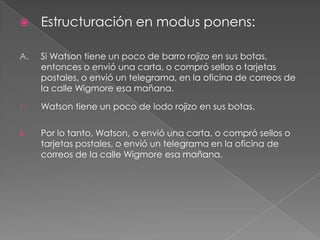

Estructuración en modus ponens:

A.

Si Watson tiene un poco de barro rojizo en sus botas,
entonces o envió una carta, o compró sellos o tarjetas
postales, o envió un telegrama, en la oficina de correos de
la calle Wigmore esa mañana.

1.

Watson tiene un poco de lodo rojizo en sus botas.

B.

Por lo tanto, Watson, o envió una carta, o compró sellos o
tarjetas postales, o envió un telegrama en la oficina de
correos de la calle Wigmore esa mañana.

 