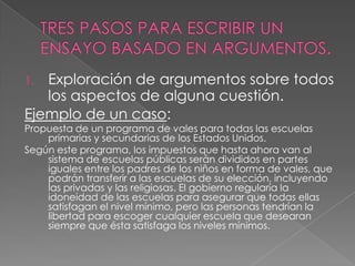 Exploración de argumentos sobre todos
los aspectos de alguna cuestión.
Ejemplo de un caso:
1.

Propuesta de un programa de vales para todas las escuelas
primarias y secundarias de los Estados Unidos.
Según este programa, los impuestos que hasta ahora van al
sistema de escuelas públicas serán divididos en partes
iguales entre los padres de los niños en forma de vales, que
podrán transferir a las escuelas de su elección, incluyendo
las privadas y las religiosas. El gobierno regularía la
idoneidad de las escuelas para asegurar que todas ellas
satisfagan el nivel mínimo, pero las personas tendrían la
libertad para escoger cualquier escuela que desearan
siempre que ésta satisfaga los niveles mínimos.

 