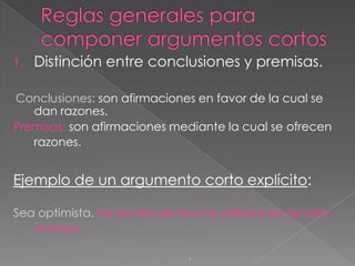 1.

Distinción entre conclusiones y premisas.

Conclusiones: son afirmaciones en favor de la cual se
dan razones.
Premisas: son afirmaciones mediante la cual se ofrecen
razones.

Ejemplo de un argumento corto explícito:
Sea optimista. No resulta de mucha utilidad ser de otra
manera.
/

 