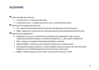 GLOSSAIRE
Unités de taille des particules :
1 micron (mm) : 1 millionième de mètre
1 nanomètre (nm) : 1 millième de micron, soit un milliardième de mètre
Systèmes de comptage des particules :
CPC : appareil de dénombrement de particules (Condensation Particle Counter)
SMPS : appareil de classification par taille des particules (Scanning Mobility Particle Sizer)
Systèmes de de dépollution :
Dépollution à la source : la formation des polluants est limitée grâce à des choix de
combustion (système d’injection, chambre de combustion…), sans système additionnel
DOC : catalyseur d’oxydation Diesel (Diesel Oxidation Catalyst)
Système DeNOx : système de post-traitement réduisant les oxydes d’azote
SCR (Selective Catalytic reduction) : système DeNOx utilisant la réaction de l’ammoniac NH3
(réducteur) sur les NOx (oxydant) pour former de l’eau et de l’azote
AdBlue : solution aqueuse d’urée à 32%, source d’ammoniac pour la SCR
12
 