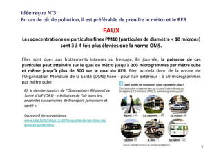 Idée reçue N°3:
En cas de pic de pollution, il est préférable de prendre le métro et le RER
FAUX
Les concentrations en particules fines PM10 (particules de diamètre < 10 microns)
sont 3 à 4 fois plus élevées que la norme OMS.
Elles sont dues aux frottements intenses au freinage. En journée, la présence de ces
particules peut atteindre sur le quai du métro jusqu’à 200 microgrammes par mètre cube
et même jusqu’à plus de 500 sur le quai du RER. Bien au-delà donc de la norme de
l'Organisation Mondiale de la Santé (OMS) fixée - pour l'air extérieur - à 50 microgrammes
par mètre cube.
5
Cf. le dernier rapport de l’Observatoire Régional de
Santé d’IdF (ORS) : « Pollution de l’air dans les
enceintes souterraines de transport ferroviaire et
santé »
Dispositif de surveillance
www.ratp.fr/fr/ratp/r_6167/la-qualite-de-lair-dans-les-
espaces-souterrains
 