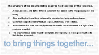 The structure of the argumentative essay is held together by the following.
1. A clear, concise, and defined thesis statement that occurs in the first paragraph of the
essay.
2. Clear and logical transitions between the introduction, body, and conclusion.
3. Evidential support (whether factual, logical, statistical, or anecdotal).
4. A conclusion that does not simply restate the thesis, but readdresses it in light of the
evidence provided.
5. The argumentative essay must be complete, and logically so, leaving no doubt as to
its intent or argument.
 