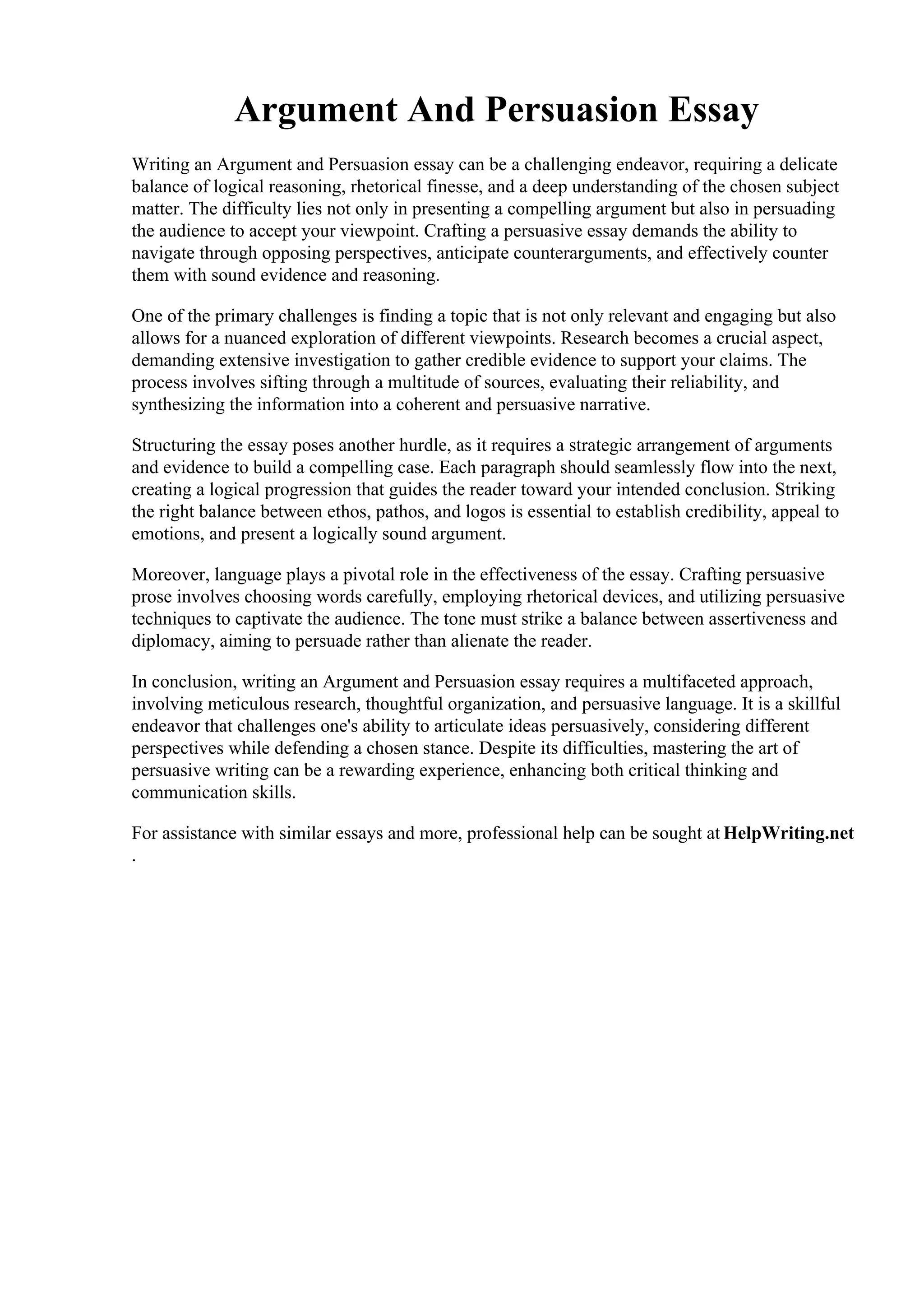 Argument And Persuasion Essay. . 8 Argumentative Essay Examples | PDF