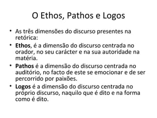 O Ethos, Pathos e Logos As três dimensões do discurso presentes na retórica: Ethos , é a dimensão do discurso centrada no orador, no seu carácter e na sua autoridade na matéria. Pathos  é a dimensão do discurso centrada no auditório, no facto de este se emocionar e de ser percorrido por paixões. Logos  é a dimensão do discurso centrada no próprio discurso, naquilo que é dito e na forma como é dito. 