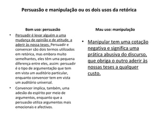 Persuasão e manipulação ou os dois usos da retórica Bom uso: persuasão Persuadir é levar alguém a uma mudança de opinião e de atitude, a aderir às nossa teses.  Persuadir e convencer são dois termos utilizados em retórica, mas embora muito semelhantes, eles têm uma pequena diferença entre eles, assim: persuadir é o tipo de argumentação que tem em vista um auditório particular, enquanto convencer tem em vista um auditório universal.  Convencer implica, também, uma adesão do espírito por meio de argumentos, enquanto que a persuasão utiliza argumentos mais emocionais e afectivos. Mau uso: manipulação Manipular tem uma cotação negativa e significa uma prática abusiva do discurso, que obriga o outro aderir às nossas teses a qualquer custo. 