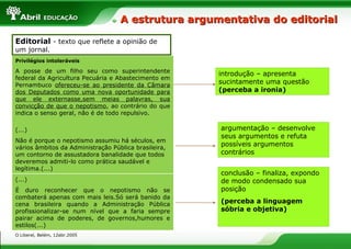 A estrutura argumentativa do editorial

Editorial - texto que reflete a opinião de
um jornal.
Privilégios intoleráveis

A posse de um filho seu como superintendente
                                                      introdução – apresenta
federal da Agricultura Pecuária e Abastecimento em
Pernambuco ofereceu-se ao presidente da Câmara
                                                      sucintamente uma questão
dos Deputados como uma nova oportunidade para         (perceba a ironia)
que ele externasse,sem meias palavras, sua
convicção de que o nepotismo, ao contrário do que
indica o senso geral, não é de todo repulsivo.

(...)                                                 argumentação – desenvolve
                                                      seus argumentos e refuta
Não é porque o nepotismo assumiu há séculos, em
vários âmbitos da Administração Pública brasileira,
                                                      possíveis argumentos
um contorno de assustadora banalidade que todos       contrários
deveremos admiti-lo como prática saudável e
legítima.(...)
                                                      conclusão – finaliza, expondo
(...)                                                 de modo condensado sua
É duro reconhecer que o nepotismo não se              posição
combaterá apenas com mais leis.Só será banido da
cena brasileira quando a Administração Pública        (perceba a linguagem
profissionalizar-se num nível que a faria sempre      sóbria e objetiva)
pairar acima de poderes, de governos,humores e
estilos(...)
O Liberal, Belém, 12abr.2005
 