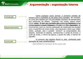 Argumentação : organização interna



                           Como qualquer outro animal, o primeiro contato do
introdução        homem com a realidade se dá pelos cinco sentidos. Na verdade,
                  as cores dos objetos por nós percebidas resultam do bombardeio
                  que partículas do objeto, “viajando” em ondas, fazem sobre
                  nossa retina. O som que ouvimos são ondas que deslocam o o ar
                                O som que ouvimos são ondas que deslocam ar e
                  e impressionam nossos tímpanos. Ocalor ee o frio dependem de
                  impressionam nossos tímpanos. O calor o frio
desenvolvimento   movimentos mais ou menos acelerados de moléculas em contato
                  com a superfície de nosso corpo. Isso equivale a dizer que visão,
                  olfato, audição, tato e paladar “sentem” as propriedades dos
                  objetos. Sentindo os objetos, conhecemos o verde da árvore, o
                  ruído do avião, o cheiro da pipoca, o gosto do café, a maciez do
                  algodão.
                          O universo dos objetos físicos é, pois, conhecido pela
conclusão         sensação de suas características.
                      CORDI CASSIANO ET AL. Para filosofar. São Paulo: Scipione, 2000.
 