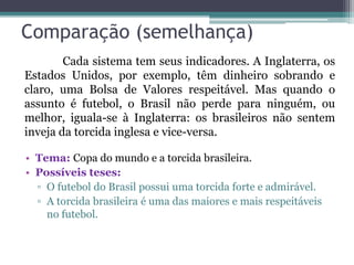 Comparação (semelhança)
• Tema: Copa do mundo e a torcida brasileira.
• Possíveis teses:
▫ O futebol do Brasil possui uma torcida forte e admirável.
▫ A torcida brasileira é uma das maiores e mais respeitáveis
no futebol.
Cada sistema tem seus indicadores. A Inglaterra, os
Estados Unidos, por exemplo, têm dinheiro sobrando e
claro, uma Bolsa de Valores respeitável. Mas quando o
assunto é futebol, o Brasil não perde para ninguém, ou
melhor, iguala-se à Inglaterra: os brasileiros não sentem
inveja da torcida inglesa e vice-versa.
 