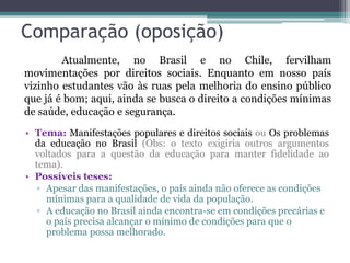 Comparação (oposição)
• Tema: Manifestações populares e direitos sociais ou Os problemas
da educação no Brasil (Obs: o texto exigiria outros argumentos
voltados para a questão da educação para manter fidelidade ao
tema).
• Possíveis teses:
▫ Apesar das manifestações, o país ainda não oferece as condições
mínimas para a qualidade de vida da população.
▫ A educação no Brasil ainda encontra-se em condições precárias e
o país precisa alcançar o mínimo de condições para que o
problema possa melhorado.
Atualmente, no Brasil e no Chile, fervilham
movimentações por direitos sociais. Enquanto em nosso país
vizinho estudantes vão às ruas pela melhoria do ensino público
que já é bom; aqui, ainda se busca o direito a condições mínimas
de saúde, educação e segurança.
 