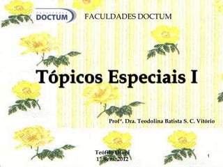 FACULDADES DOCTUM 
Tópicos Especiais I 
Profª. Dra. Teodolina Batista S. C. Vitório 
1 
Teófilo Otoni 
1º Sem. 2012 
 