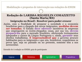 Modalização e propostas de intervenção nas redações do ENEM
Redação de LARISSA REGHELIN COMAZZETTO
(Santa Maria/RS)
Imigração no Brasil : Resolver para poder crescer
Assim, com a finalidade de preparar a sociedade e a economia
brasileiras para a chegada dos novos imigrantes, medidas devem
ser tomadas. O Estado deve oferecer incentivos às empresas
que empregarem os recém-chegados; essas, por sua vez, devem
prepará-los para o mercado brasileiro, oferecendo treinamentos
adequados e cursos de Língua Portuguesa e, ainda, garantir seus
direitos trabalhistas. É imprescindível que o governo procure
habitações para os imigrantes e que nós, brasileiros, respeitemos os
povos que, seja no passado ou no presente, somente têm a nos
acrescentar.
Extraído de A redação no ENEM: guia do participante
Lógicas Deônticas Apreciativas Pragmáticas
 