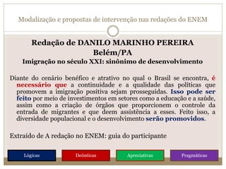 Modalização e propostas de intervenção nas redações do ENEM
Redação de DANILO MARINHO PEREIRA
Belém/PA
Imigração no século XXI: sinônimo de desenvolvimento
Diante do cenário benéfico e atrativo no qual o Brasil se encontra, é
necessário que a continuidade e a qualidade das políticas que
promovem a imigração positiva sejam prosseguidas. Isso pode ser
feito por meio de investimentos em setores como a educação e a saúde,
assim como a criação de órgãos que proporcionem o controle da
entrada de migrantes e que deem assistência a esses. Feito isso, a
diversidade populacional e o desenvolvimento serão promovidos.
Extraído de A redação no ENEM: guia do participante
Lógicas Deônticas Apreciativas Pragmáticas
 