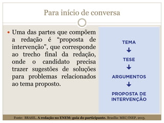 Para início de conversa
 Uma das partes que compõem
a redação é “proposta de
intervenção”, que corresponde
ao trecho final da redação,
onde o candidato precisa
trazer sugestões de soluções
para problemas relacionados
ao tema proposto.
Fonte: BRASIL. A redação no ENEM: guia do participante. Brasília: MEC/INEP, 2013.
 
