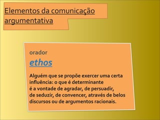 Elementos	
  da	
  comunicação	
  
argumentativa


         orador
         ethos	
  
         Alguém	
  que	
  se	
  propõe	
  exercer	
  uma	
  certa	
  
         inﬂuência:	
  o	
  que	
  é	
  determinante	
  
         é	
  a	
  vontade	
  de	
  agradar,	
  de	
  persuadir,	
  
         de	
  seduzir,	
  de	
  convencer,	
  através	
  de	
  belos	
  
         discursos	
  ou	
  de	
  argumentos	
  racionais.
 