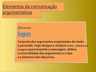 Elementos	
  da	
  comunicação	
  
argumentativa


         discurso
         logos
         Conjunto	
  dos	
  argumentos	
  organizados	
  de	
  modo	
  
         a	
  persuadir.	
  Hoje	
  designa	
  o	
  medium	
  (meio	
  –	
  palavra	
  ou	
  
         imagem)	
  que	
  transmite	
  a	
  mensagem.	
  Refere	
  
         a	
  racionalidade	
  dos	
  argumentos	
  e	
  o	
  tipo	
  
         e	
  a	
  estrutura	
  dos	
  discursos.
 