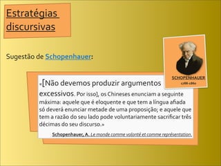 Estratégias	
  
discursivas

Sugestão	
  de	
  Schopenhauer:

                                                                                             SCHOPENHAUER
           «[Não	
  devemos	
  produzir	
  argumentos	
                                           1788-­‐1860


           excessivos.	
  Por	
  isso],	
  os	
  Chineses	
  enunciam	
  a	
  seguinte	
  
           máxima:	
  aquele	
  que	
  é	
  eloquente	
  e	
  que	
  tem	
  a	
  língua	
  aﬁada	
  
           só	
  deverá	
  enunciar	
  metade	
  de	
  uma	
  proposição;	
  e	
  aquele	
  que	
  
           tem	
  a	
  razão	
  do	
  seu	
  lado	
  pode	
  voluntariamente	
  sacriﬁcar	
  três	
  
           décimas	
  do	
  seu	
  discurso.»
                  Schopenhauer,	
  A.	
  Le	
  monde	
  comme	
  volonté	
  et	
  comme	
  représentation.
 