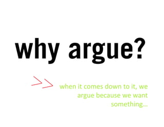 why argue?
 >>   when	
  it	
  comes	
  down	
  to	
  it,	
  we	
  
             argue	
  because	
  we	
  want	
  
                               something…	
  
 