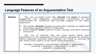 Language Features of an Argumentative Text
 