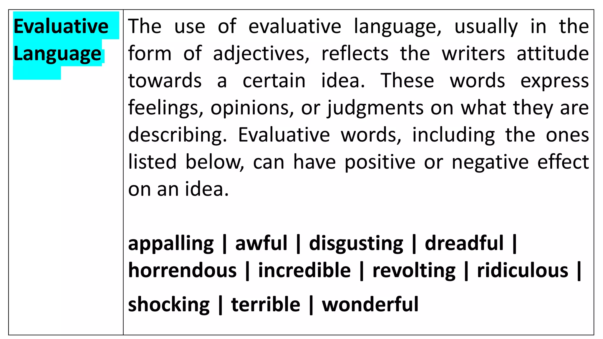 positive evaluative words