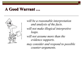 A Good Warrant …

         will be a reasonable interpretation
            and analysis of the facts.
         will not make illogical interpretive
            leaps.
         will not assume more than the
            evidence supports.
         may consider and respond to possible
            counter-arguments.
 