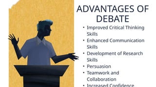 ADVANTAGES OF
DEBATE
• Improved Critical Thinking
Skills
• Enhanced Communication
Skills
• Development of Research
Skills
• Persuasion
• Teamwork and
Collaboration
 