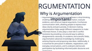 ARGUMENTATION
Why is Argumentation
important?
• Argumentation is crucial because it fosters critical thinking,
enabling individuals to analyze information, evaluate
evidence, and construct logical arguments. It enhances
communication skills, allowing people to express their
ideas clearly and persuasively. In decision-making,
argumentation helps weigh different viewpoints to make
informed choices. It also plays a vital role in conflict
resolution by providing a structured way to address
disagreements rationally. In academic and scientific fields,
argumentation advances knowledge by challenging
existing theories and proposing new ideas. Additionally, it
is essential for persuasion in debates, negotiations, and
everyday conversations, and it underpins democratic
participation by facilitating informed public discourse and
Why is Argumentation
important?
Why is Argumentation
important?
Why is Argumentation
important?
Why is Argumentation
important?
Why is Argumentation
important?
Why is Argumentation
important?
Why is Argumentation
important?
Why is Argumentation
important?
Why is Argumentation
important?
Why is Argumentation
important?
 