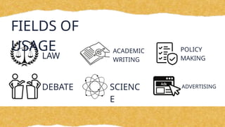 FIELDS OF
USAGE
LAW
DEBATE
ACADEMIC
WRITING
SCIENC
E
POLICY
MAKING
ADVERTISING
 