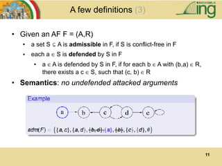 11
A few definitions (3)
• Given an AF F = (A,R)
• a set S ⊆ A is admissible in F, if S is conflict-free in F
• each a ∈ S is defended by S in F
• a ∈ A is defended by S in F, if for each b ∈ A with (b,a) ∈ R,
there exists a c ∈ S, such that (c, b) ∈ R
• Semantics: no undefended attacked arguments
 