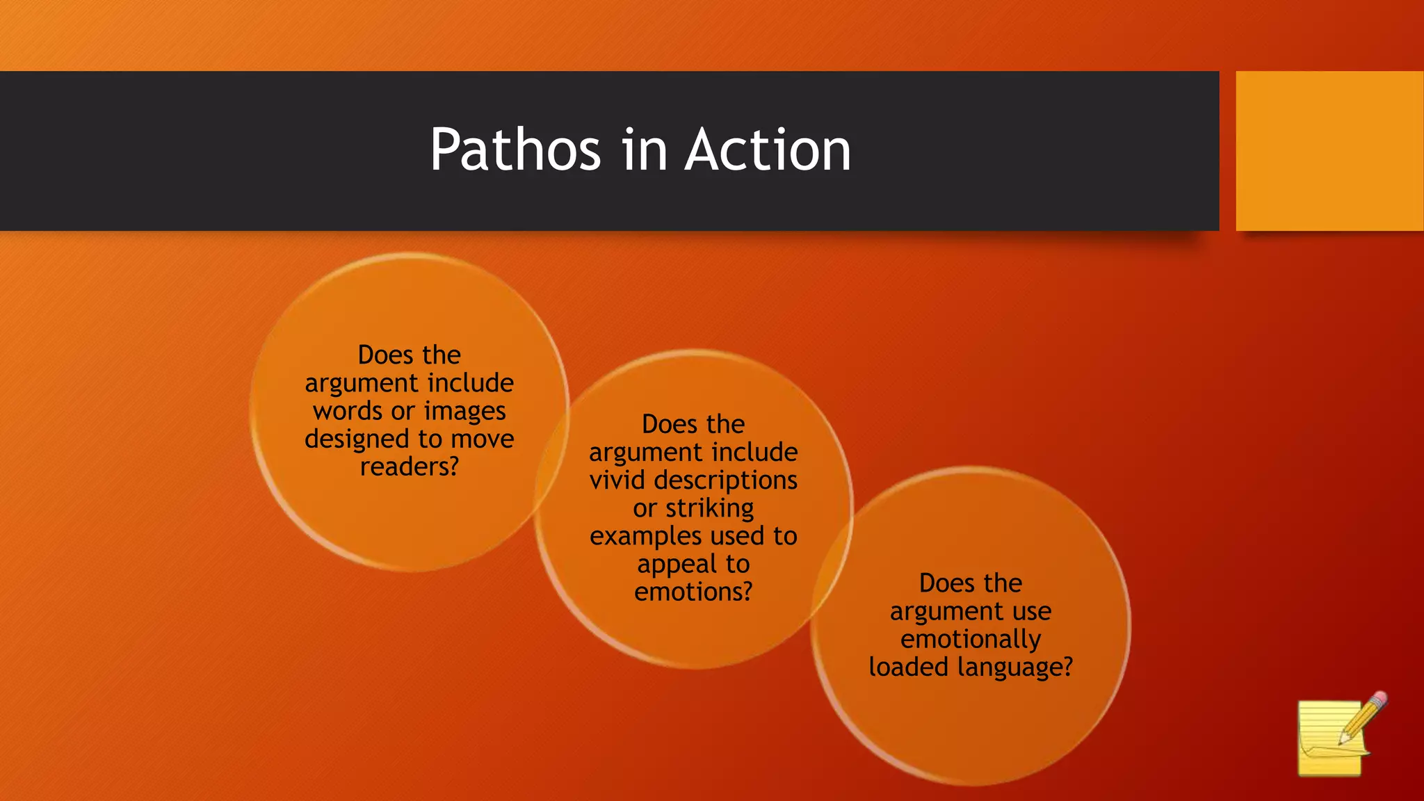 Pathos in Action
Does the
argument include
words or images
designed to move
readers?
Does the
argument use
emotionally
loaded language?
Does the
argument include
vivid descriptions
or striking
examples used to
appeal to
emotions?
 