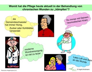 Womit hat die Pflege heute aktuell in der Behandlung von
                         chronischen Wunden zu „kämpfen“?


                                                                           inem
               die                                                 r mit De
                                                           Du imme hen Kram
                                                                  isc
        Gemeindeschwester                                  neumod
       hat immer Honig,
            Zucker oder Kohlblätter
            verwendet




                                  moderne
                                               rgung
                                  W undverso
                                                  er
                                  ist viel zu teu
                                                                Lass L
                                                                      uf
                                                                an die t und Sonn
                                                                      Wunde


                                                                    © Ingrid Amtmann
Rheinischer Pflegekongress 2012
 