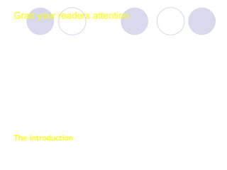 Grab your readers attention General Topic Controlling Idea Thesis Narrow Topic The introduction 