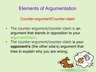7
Counter-argument/Counter-claim
• The counter-argument/counter-claim is an
argument that stands in opposition to your
argument/claim.
• The counter-argument/counter-claim is your
opponent’s (the other side’s) argument that
tries to explain why you are wrong.
Elements of Argumentation
 