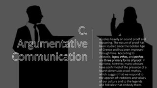 ✓ relies heavily on sound proof and
reasoning. The nature of proof has
been studied since the Golden Age
of Greece and has been improved
through time. According to
Aristotle, logos, ethos, and pathos
are three primary forms of proof. In
our time, however, many scholars
have confirmed of the presence of a
fourth dimension proof, mythos,
which suggest that we respond to
the appeals of traditions and values
of our culture and to the legends
and folktales that embody them.
 