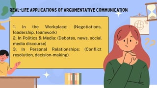 Real-Life Applications of Argumentative Communication
1. In the Workplace: (Negotiations,
leadership, teamwork)
2. In Politics & Media: (Debates, news, social
media discourse)
3. In Personal Relationships: (Conflict
resolution, decision-making)
 