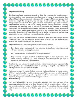 Argumentative Essay<br />The function of an argumentative essay is to show that your assertion (opinion, theory, hypothesis) about some phenomenon or phenomena is correct or more truthful than others'. The art of argumentation is not an easy skill to acquire. Many people might think that if one simply has an opinion, one can argue it successfully, and these folks are always surprised when others don't agree with them because their logic seems so correct. Argumentative writing is the act of forming reasons, making inductions, drawing conclusions, and applying them to the case in discussion; the operation of inferring propositions, not known or admitted as true, from facts or principles known, admitted, or proved to be true. It clearly explains the process of your reasoning from the known or assumed to the unknown. Without doing this you do not have an argument, you have only an assertion, an essay that is just your unsubstantiated opinion.<br />Notice that you do not have to completely prove your point; you only have to convince reasonable readers that your argument or position has merit; i.e., that it is somehow more accurate and complete than competing arguments.<br />Argumentative essays are often organized in the following manner:<br />They begin with a statement of your assertion, its timeliness, significance, and relevance in relation to some phenomenon.<br />They review critically the literature about that phenomenon.<br />They illustrate how your assertion is quot;
betterquot;
 (simpler or more explanatory) than others, including improved (i.e., more reliable or valid) methods that you used to accumulate the data (case) to be explained.<br />Finally revise and edit, and be sure to apply the critical process to your argument to be certain you have not committed any errors in reasoning or integrated any fallacies for which you would criticize some other writer.<br />Additionally, you will want to find out how your readers will object to your argument. Will they say that you have used imprecise concepts? Have you erred in collecting data? Your argument is only as strong as the objections to it. If you cannot refute or discount an objection, then you need to rethink and revise your position.<br />Narrative Essay<br />As a mode of expository writing, the narrative approach, more than any other, offers writers a chance to think and write about themselves. We all have experiences lodged in our memories, which are worthy of sharing with readers. Yet sometimes they are so fused with other memories that a lot of the time spent in writing narrative is in the prewriting stage.<br />When you write a narrative essay, you are telling a story. Narrative essays are told from a defined point of view, often the author's, so there is feeling as well as specific and often sensory details provided to get the reader involved in the elements and sequence of the story. The verbs are vivid and precise. The narrative essay makes a point and that point is often defined in the opening sentence, but can also be found as the last sentence in the opening paragraph.<br />Since a narrative relies on personal experiences, it often is in the form of a story. When the writer uses this technique, he or she must be sure to include all the conventions of storytelling: plot, character, setting, climax, and ending. It is usually filled with details that are carefully selected to explain, support, or embellish the story. All of the details relate to the main point the writer is attempting to make.<br />To summarize, the narrative essay<br />is told from a particular point of view<br />makes and supports a point<br />is filled with precise detail<br />uses vivid verbs and modifiers<br />uses conflict and sequence as does any story<br />may use dialogue<br />The purpose of a narrative report is to describe something. Many students write narrative reports thinking that these are college essays or papers. While the information in these reports is basic to other forms of writing, narrative reports lack the quot;
higher order thinkingquot;
 that essays require. Thus narrative reports do not, as a rule, yield high grades for many college courses. A basic example of a narrative report is a quot;
book reportquot;
 that outlines a book; it includes the characters, their actions, possibly the plot, and, perhaps, some scenes. That is, it is a description of quot;
what happens in the book.quot;
 But this leaves out an awful lot.<br />What is left out is what the book or article is about -- the underlying concepts, assumptions, arguments, or point of view that the book or article expresses. A narrative report leaves aside a discussion that puts the events of the text into the context of what the text is about. Is the text about love? Life in the fast lane? Society? Wealth and power? Poverty? In other words, narrative reports often overlook the authors purpose or point of view expressed through the book or article.<br />Once an incident is chosen, the writer should keep three principles in mind.<br />Remember to involve readers in the story. It is much more interesting to actually recreate an incident for readers than to simply tell about it.<br />Find a generalization, which the story supports. This is the only way the writer's personal experience will take on meaning for readers. This generalization does not have to encompass humanity as a whole; it can concern the writer, men, women, or children of various ages and backgrounds.<br />Remember that although the main component of a narrative is the story, details must be carefully selected to support, explain, and enhance the story.<br />Conventions of Narrative Essays<br />In writing your narrative essay, keep the following conventions in mind.<br />Narratives are generally written in the first person, that is, using I. However, third person (he, she, or it) can also be used.<br />Narratives rely on concrete, sensory details to convey their point. These details should create a unified, forceful effect, a dominant impression. More information on the use of specific details is available on another page.<br />Narratives, as stories, should include these story conventions: a plot, including setting and characters; a climax; and an ending.<br />As you get started on your descriptive essay, it's important for you to identify exactly what you want to describe. Often, a descriptive essay will focus on portraying one of the following:<br />a person<br />a place<br />a memory<br />an experience<br />an object<br />Ultimately, whatever you can perceive or experience can be the focus of your descriptive writing.<br />Why are you writing your descriptive essay?<br />It's a great creative exercise to sit down and simply describe what you observe. However, when writing a descriptive essay, you often have a particular reason for writing your description. Getting in touch with this reason can help you focus your description and imbue your language with a particular perspective or emotion.<br />Example: Imagine that you want to write a descriptive essay about your grandfather. You've chosen to write about your grandfather's physical appearance and the way that he interacts with people. However, rather than providing a general description of these aspects, you want to convey your admiration for his strength and kindness. This is your reason for writing the descriptive essay. To achieve this, you might focus one of your paragraphs on describing the roughness of his hands, roughness resulting from the labor of his work throughout his life, but you might also describe how he would hold your hands so gently with his rough hands when having a conversation with you or when taking a walk.<br />How should you write your description?<br />If there's one thing you should remember as you write your descriptive essay, it's the famous saying: show don't tell. But what's the difference between showing and telling?<br />Consider these two simple examples:<br />I grew tired after dinner.<br />As I leaned back and rested my head against the top of the chair, my eyelids began to feel heavy, and the edges of the empty plate in front of me blurred with the white tablecloth.<br />The first sentence tells readers that you grew tired after dinner. The second sentence shows readers that you grew tired. The most effective descriptive essays are loaded with such showing because they enable readers to imagine or experience something for themselves.<br />As you write your descriptive essay, the best way to create a vivid experience for your readers is to focus on the five senses.<br />sight<br />sound<br />smell<br />touch<br />taste<br />When you focus your descriptions on the senses, you provide vivid and specific details that show your readers rather than tell your readers what you are describing.<br />Quick Tips for Writing Your Descriptive Essay<br />Writing a descriptive essay can be a rich and rewarding experience, but it can also feel a bit complicated. It's helpful, therefore, to keep a quick checklist of the essential questions to keep in mind as you plan, draft, and revise your essay.<br />Planning your descriptive essay:<br />What or who do you want to describe?<br />What is your reason for writing your description?<br />What are the particular qualities that you want to focus on?<br />Drafting your descriptive essay:<br />What sights, sounds, smells, tastes, and textures are important for developing your description?<br />Which details can you include to ensure that your readers gain a vivid impression imbued with your emotion or perspective?<br />Revising your descriptive essay:<br />Have you provided enough details and descriptions to enable your readers to gain a complete and vivid perception?<br />Have you left out any minor but important details?<br />Have you used words that convey your emotion or perspective?<br />Are there any unnecessary details in your description?<br />Does each paragraph of your essay focus on one aspect of your description?<br />Are you paragraphs ordered in the most affective way?<br />Narrative Essay<br />A narrative essay tells a story…<br />It can be either fictional or real-life.<br />The more “real” it is for you, the better you will tell it. (Sometimes our imagination is more real to us than our daily lives.)<br />Descriptive Essay<br />A descriptive essay paints a picture with words…<br />It appeals to the senses: sight, hearing, taste, touch and smell.<br />It can also appeal to emotions.<br />