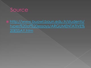

http://www.buowl.boun.edu.tr/students/
types%20of%20essays/ARGUMENTATIVE%
20ESSAY.htm

 