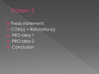 Thesis statement:
 CON(s) + Refutation(s)
 PRO idea 1
 PRO idea 2
 Conclusion


 