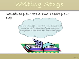 Writing Stage
Introduce your topic and assert your
side
The first paragraph of your argument essay should
contain a brief explanation of your topic, some
background information, and a thesis statement
 