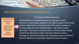 Key Concepts of Argumentative Essay
The School Uniform Question
Individualism is a fundamental part of society in many
countries. Most people believe in the right to express their own
opinion without fear of punishment. This value, however, is
coming under fire in an unlikely place – the public-school
classroom. The issue is school uniforms. Should public school
students be allowed to make individual decisions about
clothing, or should all students be required to wear a uniform?
School uniforms are the better choice for three reasons.
INTRODUCTION
Paragraph 1
- Hook
- Connecting/
Background
Information
-Thesis
Statement
 