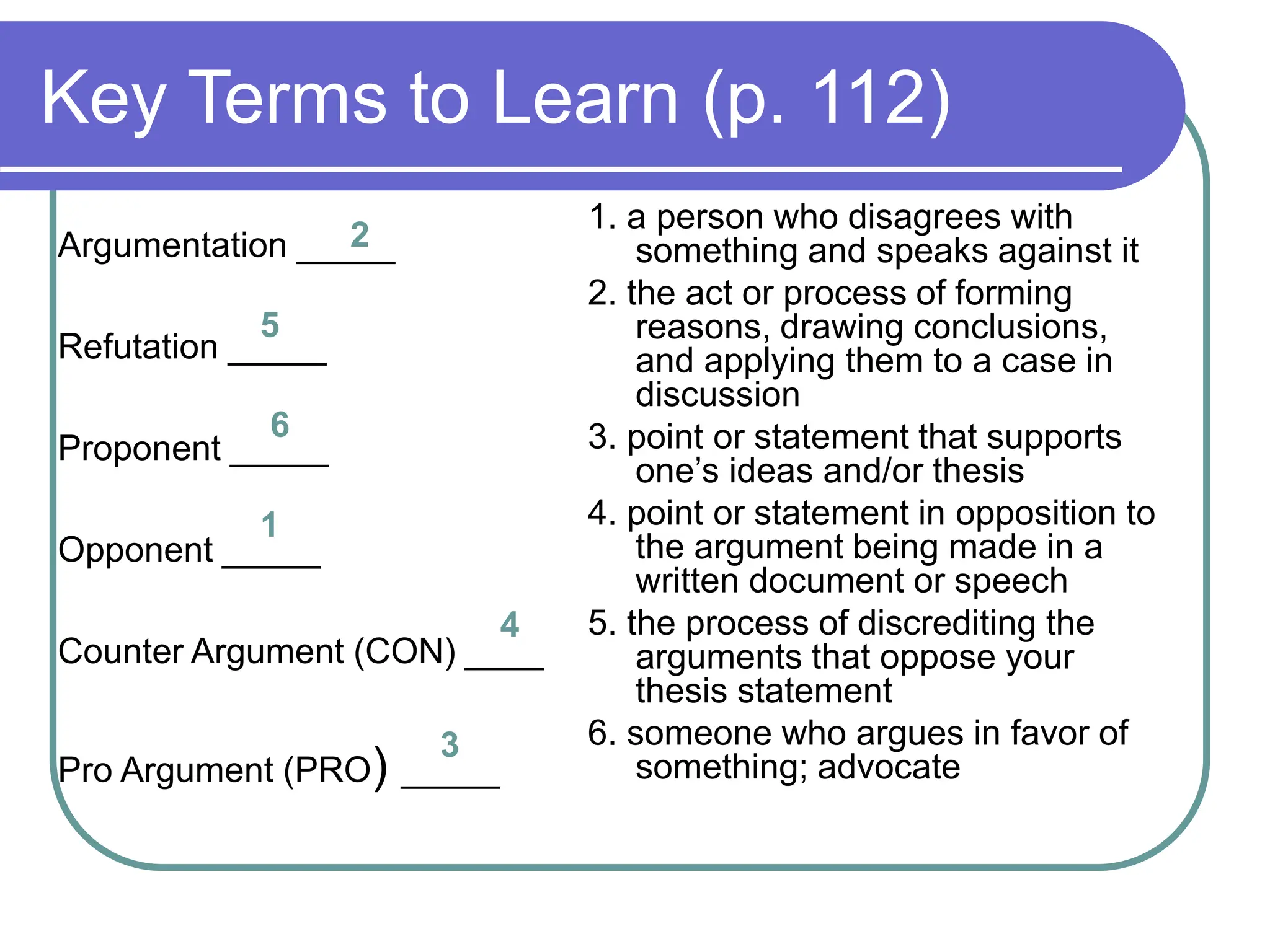 Key Terms to Learn (p. 112)
Argumentation _____
Refutation _____
Proponent _____
Opponent _____
Counter Argument (CON) ____
Pro Argument (PRO) _____
1. a person who disagrees with
something and speaks against it
2. the act or process of forming
reasons, drawing conclusions,
and applying them to a case in
discussion
3. point or statement that supports
one’s ideas and/or thesis
4. point or statement in opposition to
the argument being made in a
written document or speech
5. the process of discrediting the
arguments that oppose your
thesis statement
6. someone who argues in favor of
something; advocate
2
5
6
1
4
3
 