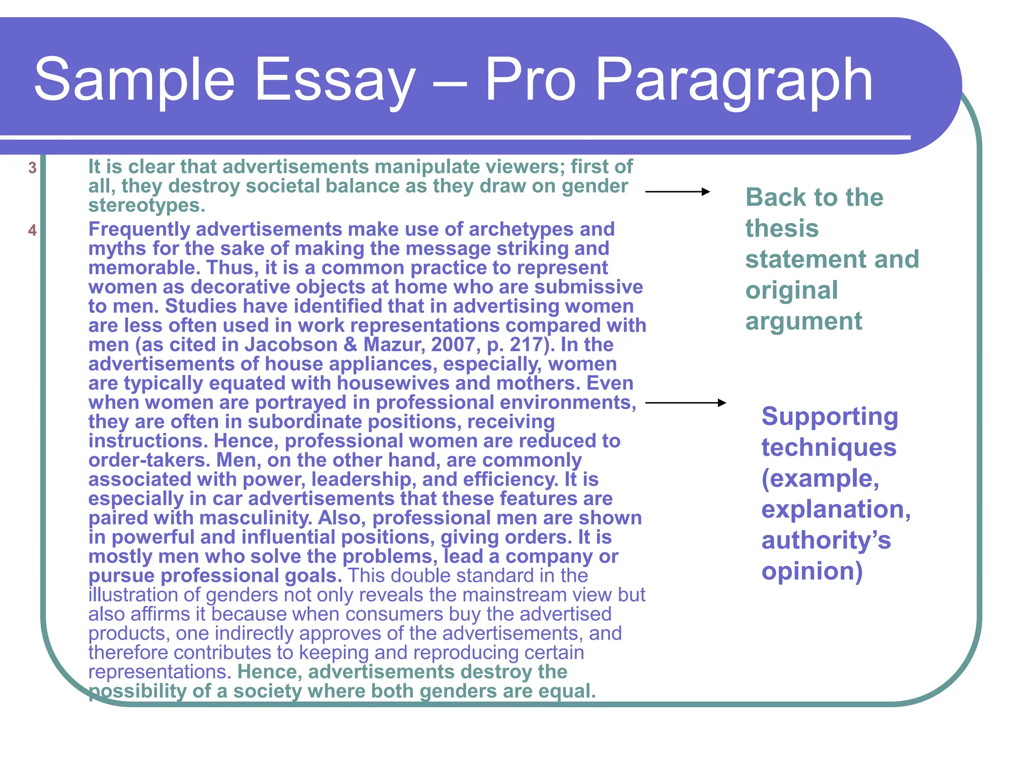 Sample Essay – Pro Paragraph
3 It is clear that advertisements manipulate viewers; first of
all, they destroy societal balance as they draw on gender
stereotypes.
4 Frequently advertisements make use of archetypes and
myths for the sake of making the message striking and
memorable. Thus, it is a common practice to represent
women as decorative objects at home who are submissive
to men. Studies have identified that in advertising women
are less often used in work representations compared with
men (as cited in Jacobson & Mazur, 2007, p. 217). In the
advertisements of house appliances, especially, women
are typically equated with housewives and mothers. Even
when women are portrayed in professional environments,
they are often in subordinate positions, receiving
instructions. Hence, professional women are reduced to
order-takers. Men, on the other hand, are commonly
associated with power, leadership, and efficiency. It is
especially in car advertisements that these features are
paired with masculinity. Also, professional men are shown
in powerful and influential positions, giving orders. It is
mostly men who solve the problems, lead a company or
pursue professional goals. This double standard in the
illustration of genders not only reveals the mainstream view but
also affirms it because when consumers buy the advertised
products, one indirectly approves of the advertisements, and
therefore contributes to keeping and reproducing certain
representations. Hence, advertisements destroy the
possibility of a society where both genders are equal.
Back to the
thesis
statement and
original
argument
Supporting
techniques
(example,
explanation,
authority’s
opinion)
 