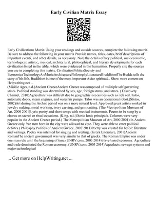 Early Civilian Matrix Essay
Early Civilizations Matrix Using your readings and outside sources, complete the following matrix.
Be sure to address the following in your matrix Provide names, titles, dates, brief descriptions of
important events, and other details, as necessary. Note the details of key political, socioeconomic,
technological, artistic, musical, architectural, philosophical, and literary developments for each
civilization listed in the table, which were evidenced in the humanities. Properly cite the sources
you use in completing this matrix. CivilizationPoliticsSociety and
EconomicsTechnologyArtMusicArchitecturePhilosophyLiteratureB uddhismThe Budda tells the
story of his life. Buddhism is one of the most important Asian spiritual... Show more content on
Helpwriting.net ...
(Middle Ages, n.d.)Ancient GreeceAncient Greece wascomposed of mulitiple self governing
states. Political standing was determined by sex, age, foreign status, and states. ( Discovery
Channel, 2010)Agriculture was difficult due to geographic necessities such as rich soil.Talos,
automatic doors, steam engines, and water/air pumps. Talos was an operational robot.(Sfetos,
2002)Art during the Archac period was on a more natural level. Approved greek artists worked in
jewelry making, metal working, ivory carving, and gem cutting. (The Metropolitian Museum of
Art, 2000 2001)Lyric poetry and short songs with musical instruments. Poems to be sung by a
chorus on sacred or ritual occasions. (King, n.d.)Donic Ionic principals. Columns were very
popular in the Ancient Greece period.( The Metropolitian Museum of Art, 2000 2001) In Ancient
Greece only free men born in the city were allowed to vote. They were able to enter political
debates.( Philosphy Politics of Ancient Greece, 2002 2011)Poetry was created far before literature
and writings. Poetry was intented for singing and reciting. (Greek Literature, 2001)Ancient
RomanThe ancient government was very similar to that of greeks. The Roman Empire was under
one man rule until the beginning of time.(UNRV.com, 2003 2014)Slave based economy. Agriculture
and trade dominated the Roman economy. (UNRV.com, 2003 2014)Aqueducts, sewage systems and
major technological
... Get more on HelpWriting.net ...
 