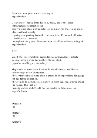 Demonstrates good understanding of
organization.
Clear and effective introduction, body, and conclusion:
Introduction establishes the
essay’s main idea, and conclusion summarizes thesis and main
ideas without merely
copying and pasting from the introduction. Clear and effective
transitions are present
throughout the paper. Demonstrates excellent understanding of
organization.
0 / 5
Word choice, repetition, redundancy, awkwardness, article
misuse, wrong word form (their/there, etc.),
typos/misspellings, vocabulary
May contain more than 8 errors in word choice, wordiness,
redundancy, or awkwardness.
<br />May contain more than 8 errors in inappropriate language
for academic audience.
<br />Fails to demonstrate clarity in most sentences throughout
the paper. The lack of
lucidity makes it difficult for the reader to determine the
paper’s focus.
POINTS
(2)
POINTS
(3)
POINTS
 