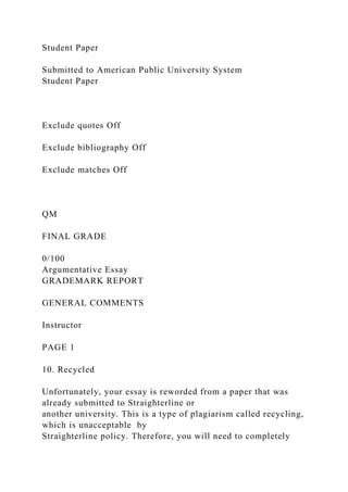 Student Paper
Submitted to American Public University System
Student Paper
Exclude quotes Off
Exclude bibliography Off
Exclude matches Off
QM
FINAL GRADE
0/100
Argumentative Essay
GRADEMARK REPORT
GENERAL COMMENTS
Instructor
PAGE 1
10. Recycled
Unfortunately, your essay is reworded from a paper that was
already submitted to Straighterline or
another university. This is a type of plagiarism called recycling,
which is unacceptable by
Straighterline policy. Therefore, you will need to completely
 